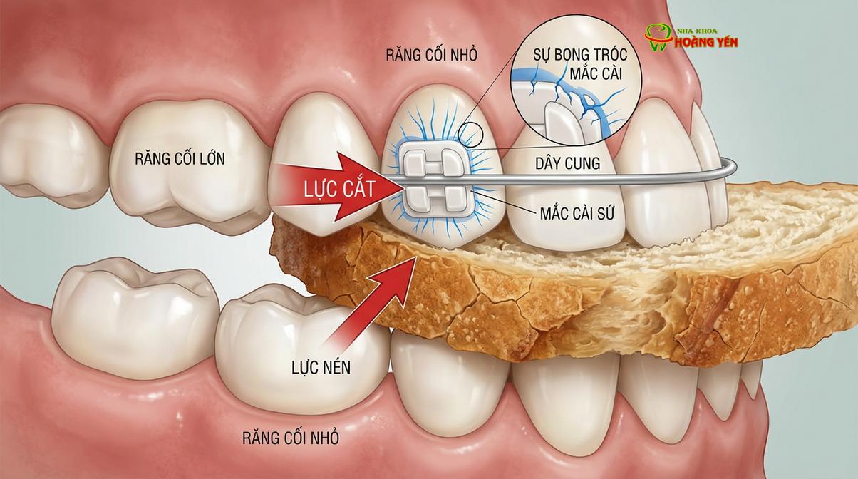 Mô phỏng lực tác động khi nhai đồ cứng có thể làm bung sút mắc cài.