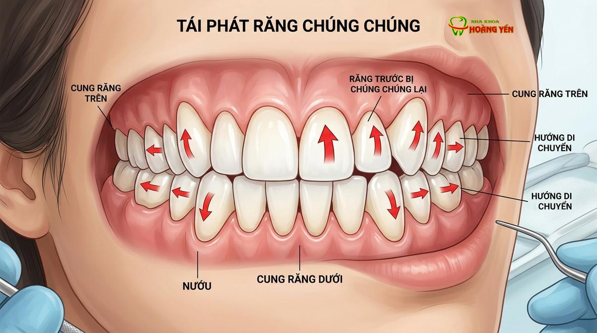 Mô phỏng cơ chế răng dịch chuyển về vị trí cũ (relapse) do không đeo hàm duy trì đúng cách.