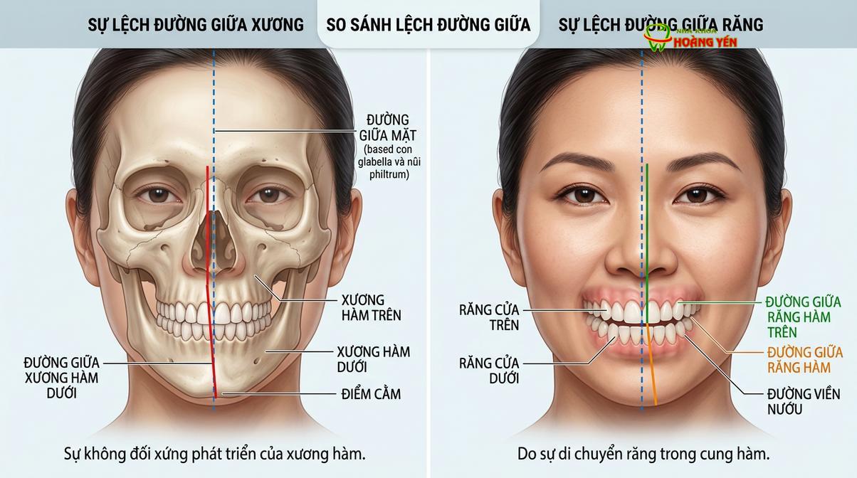 Phân biệt lệch đường giữa do răng và do sự phát triển bất cân xứng của xương hàm.