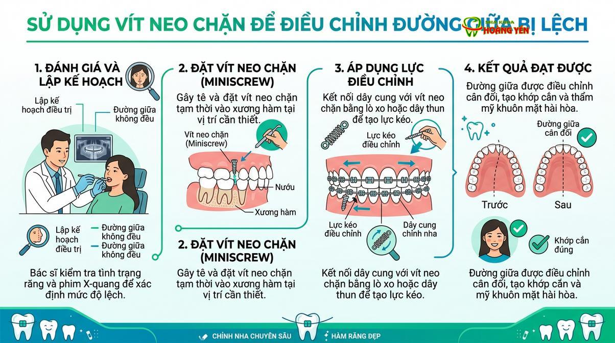 Minivis hỗ trợ neo chặn, giúp di chuyển khối răng hiệu quả trong các ca lệch đường giữa phức tạp.