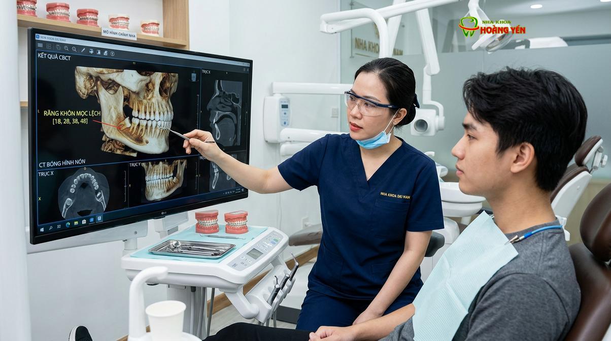 Bác sĩ đánh giá phim CT Cone Beam 3D để lên kế hoạch nhổ răng khôn trước khi gắn mắc cài.