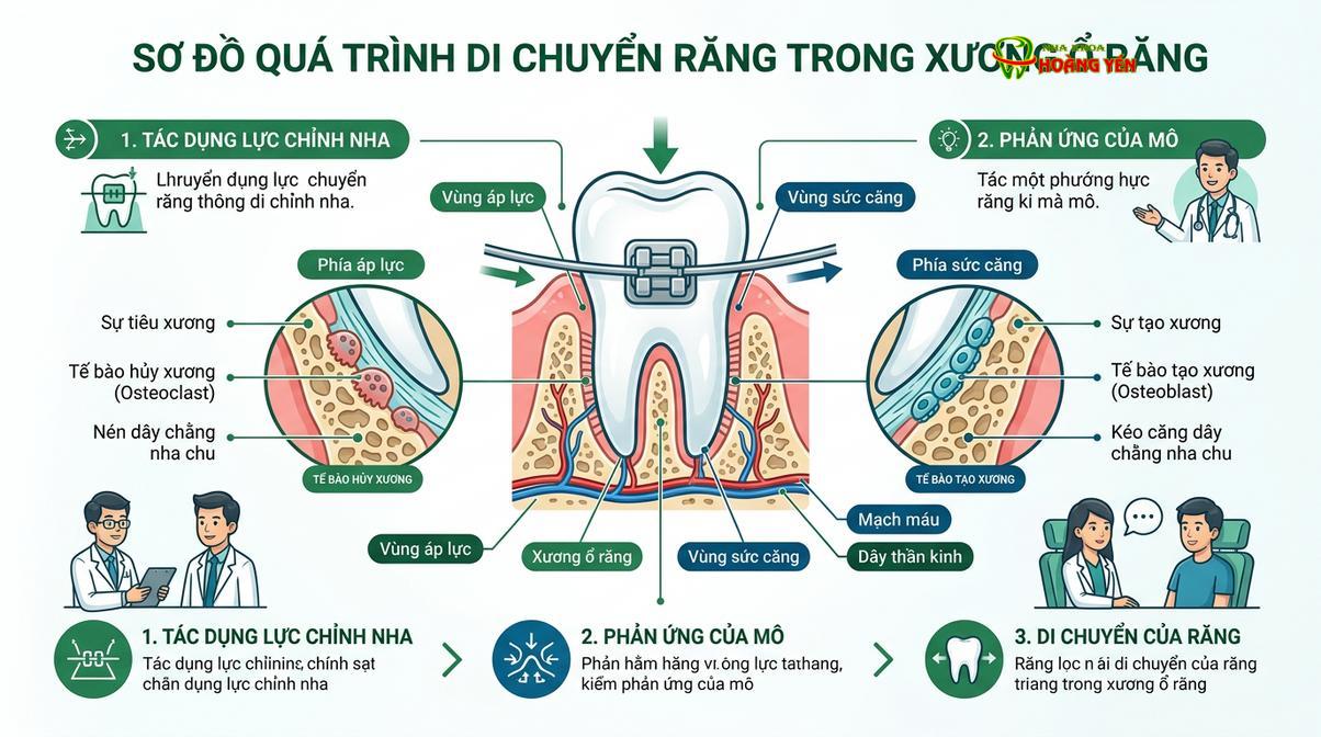 Quá trình dịch chuyển răng sinh học đòi hỏi thời gian để xương ổ răng tái tạo và thích nghi an toàn.