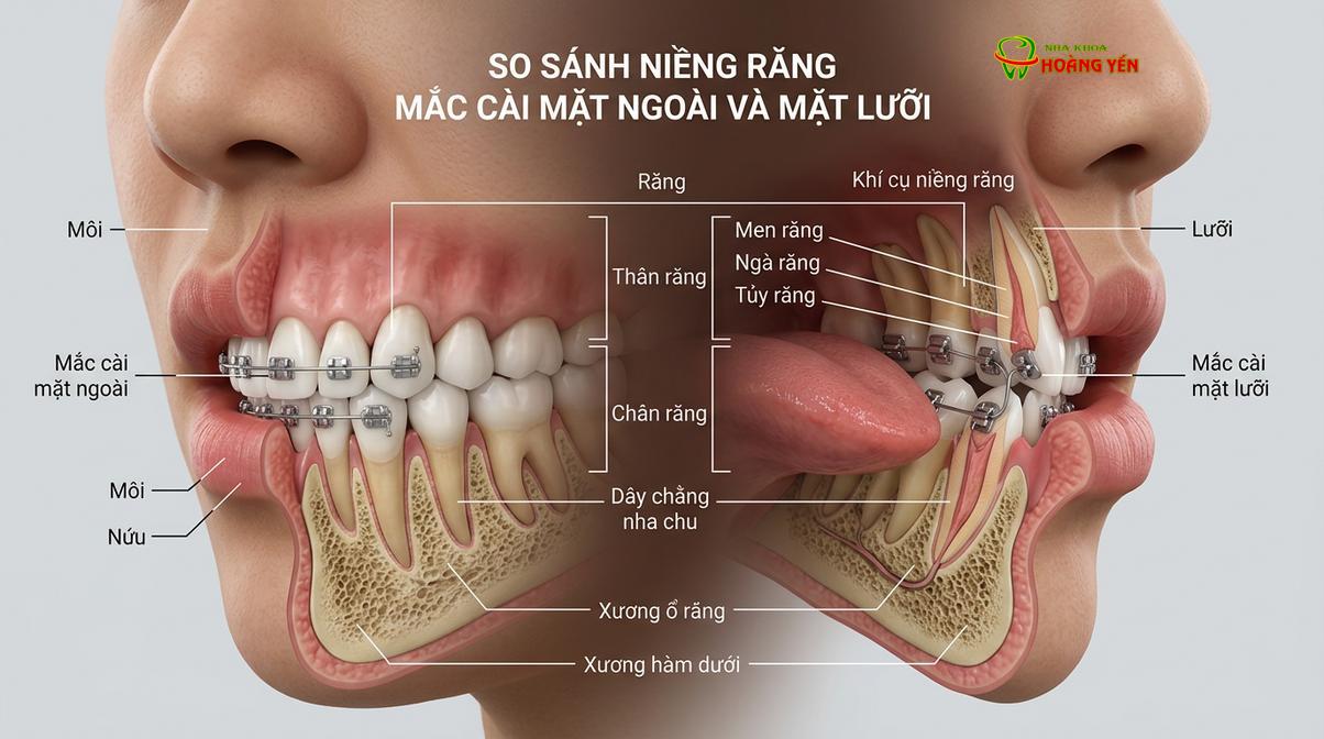 Mô phỏng cơ chế tác động lực của mắc cài mặt trong so với mắc cài truyền thống.