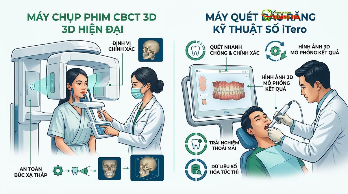 Hệ thống chẩn đoán hình ảnh CT Cone Beam 3D và máy quét iTero Element hỗ trợ lên phác đồ chỉnh nha chính xác.