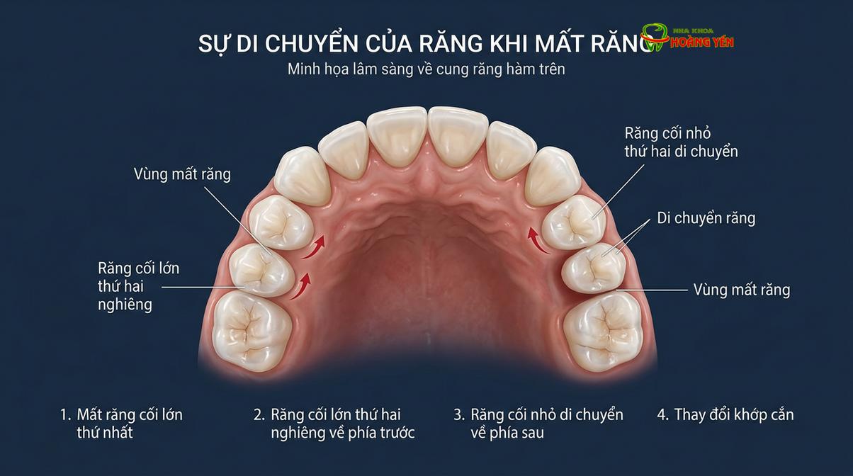 Mô phỏng tình trạng xô lệch răng lân cận và trồi răng đối diện khi mất răng lâu ngày không phục hình.