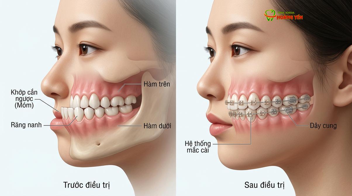 Mô phỏng cơ chế hoạt động của khí cụ chỉnh nha trong việc kéo lùi hàm dưới và đưa hàm trên ra trước.