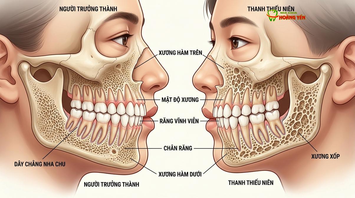 Cấu trúc xương hàm ở người lớn đặc và cứng hơn, đòi hỏi kỹ thuật kiểm soát lực kéo chuẩn xác.