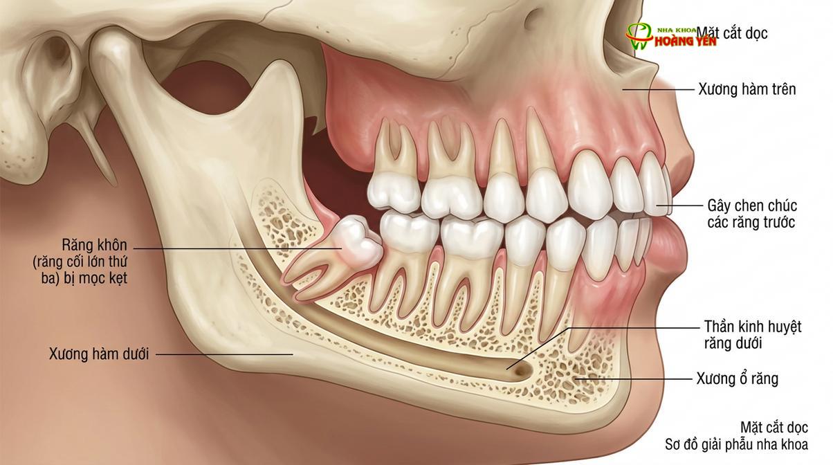 Mô phỏng răng khôn mọc ngầm gây áp lực xô lệch các răng phía trước trên cung hàm.