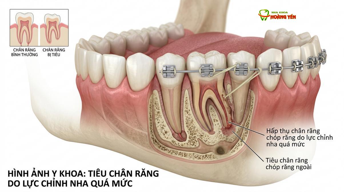 Mô phỏng hiện tượng tiêu ngót chân răng (root resorption) khi sử dụng lực kéo quá mạnh.