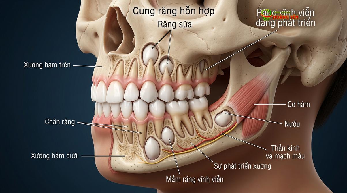 Mô phỏng cấu trúc xương hàm và quá trình thay răng ở trẻ em trong giai đoạn vàng chỉnh nha.