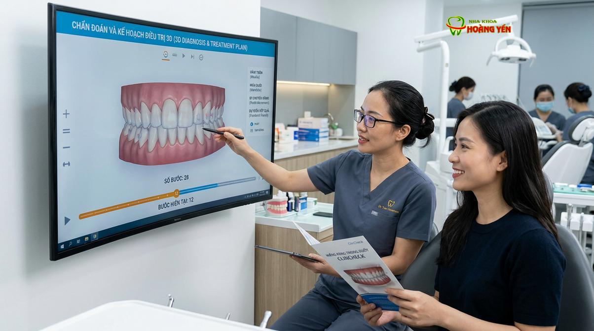 Bác sĩ phân tích phác đồ dịch chuyển răng 3D giúp bệnh nhân hình dung rõ kết quả trước khi điều trị.