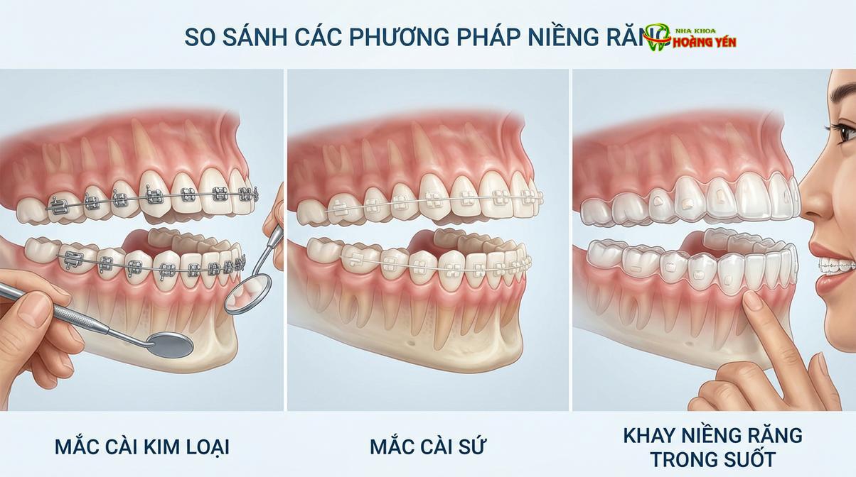 Sự khác biệt về mặt thẩm mỹ giữa các phương pháp chỉnh nha phổ biến hiện nay.