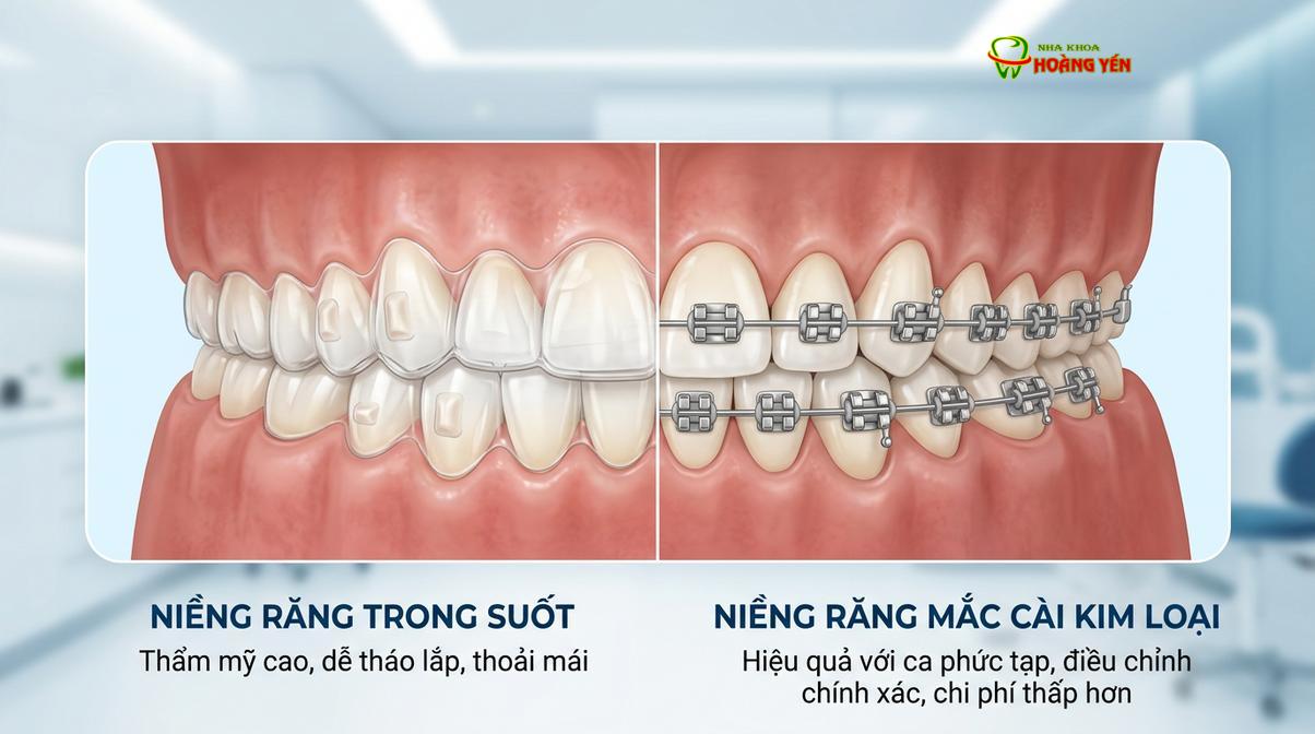 So sánh cơ chế hoạt động giữa khay niềng trong suốt và mắc cài kim loại truyền thống.