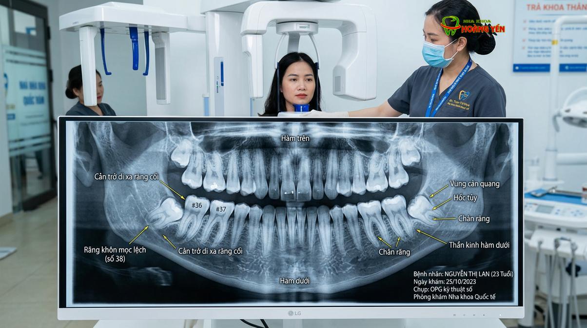 Hình ảnh X-quang cho thấy răng khôn mọc ngầm cản trở quá trình dịch chuyển răng trong chỉnh nha.