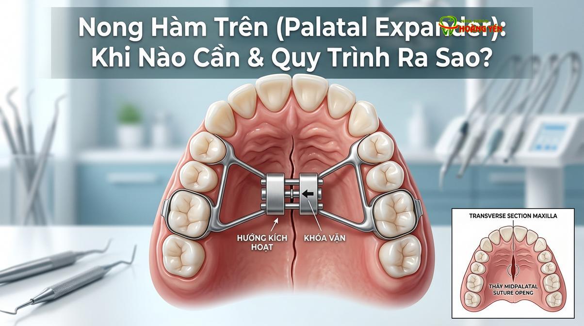 Minh họa cơ chế hoạt động của khí cụ nong hàm nới rộng đường khớp khẩu cái giữa.