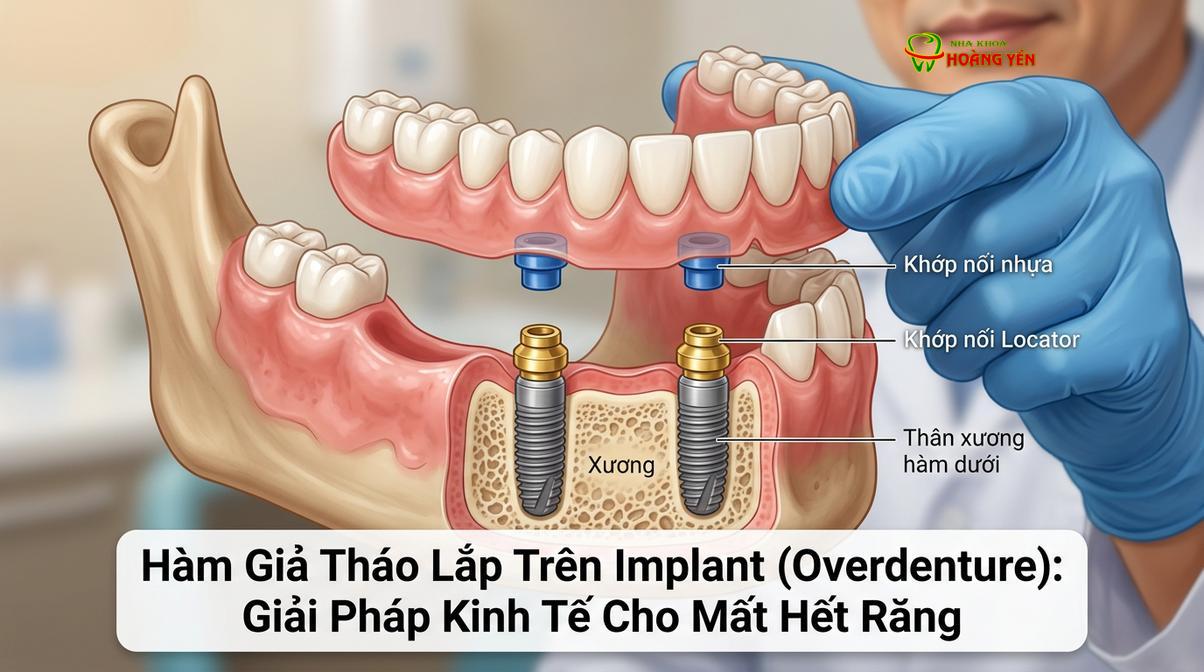 Mô phỏng cấu trúc của hàm giả tháo lắp trên implant (Overdenture) với các chốt liên kết.