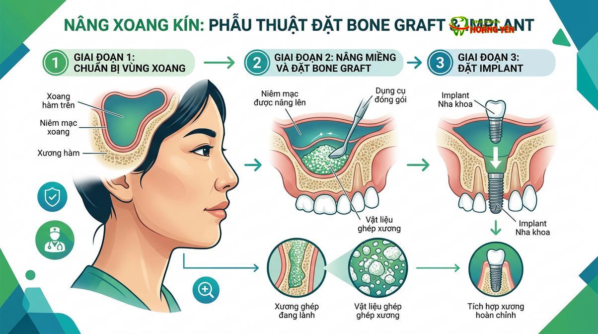Kỹ thuật ghép xương và nâng xoang được thực hiện để hỗ trợ tăng thể tích xương cho trụ implant.