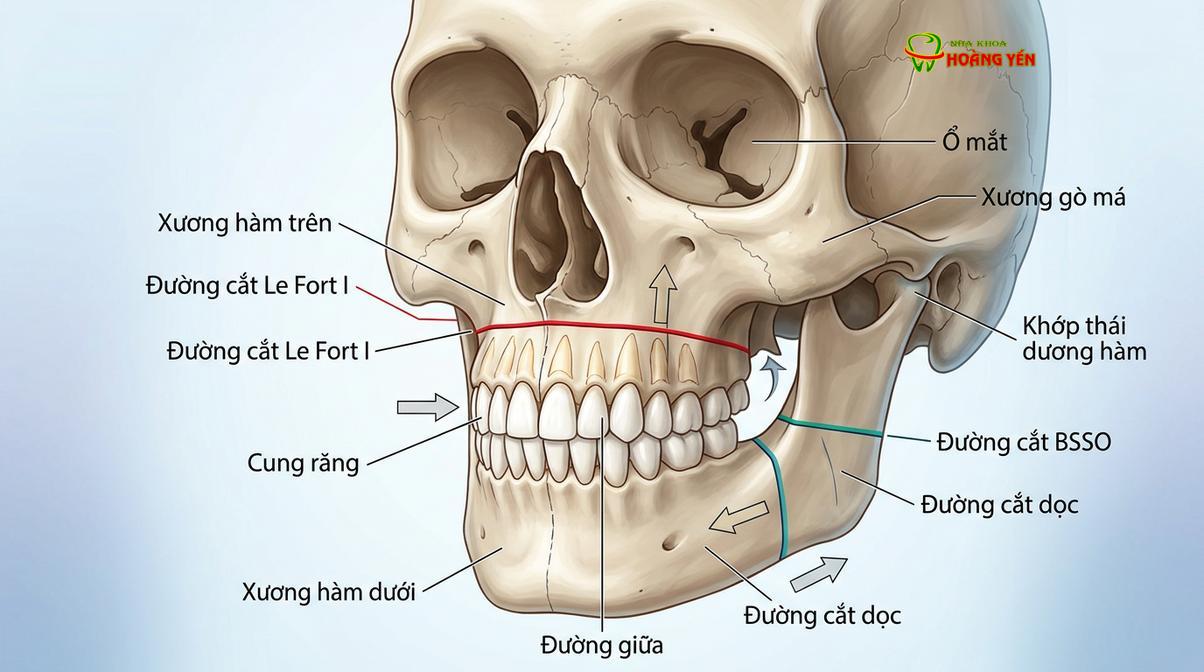 Mô phỏng đường cắt xương trong kỹ thuật Le Fort I (hàm trên) và BSSO (hàm dưới).