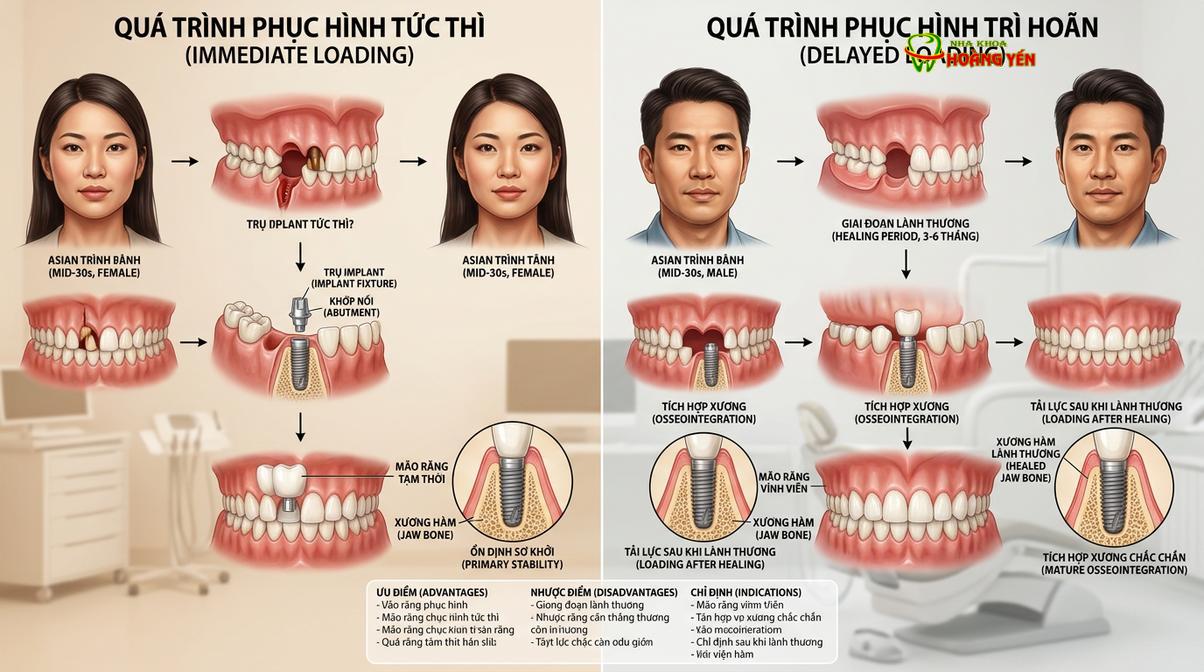 Sự khác biệt về thời gian và quy trình giữa cấy ghép implant truyền thống và kỹ thuật immediate loading.
