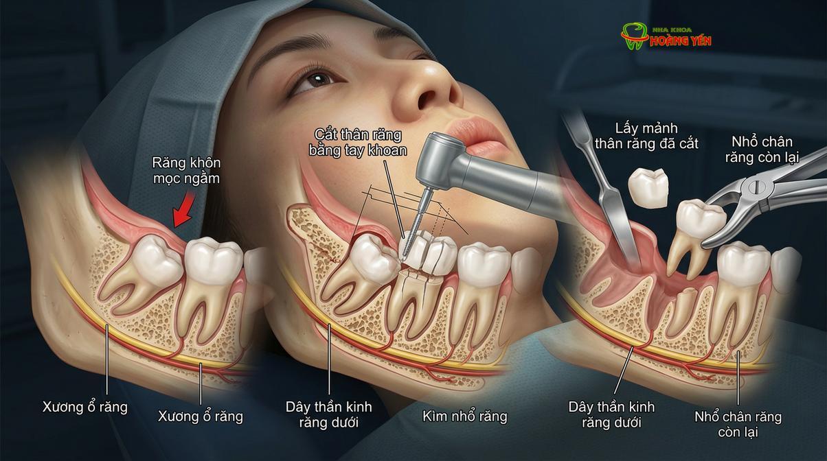Mô phỏng kỹ thuật chia cắt thân răng khôn mọc ngầm bằng sóng siêu âm.