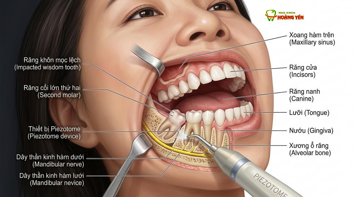 Mô phỏng kỹ thuật nhổ răng khôn bằng sóng siêu âm Piezotome giúp bảo vệ dây thần kinh.