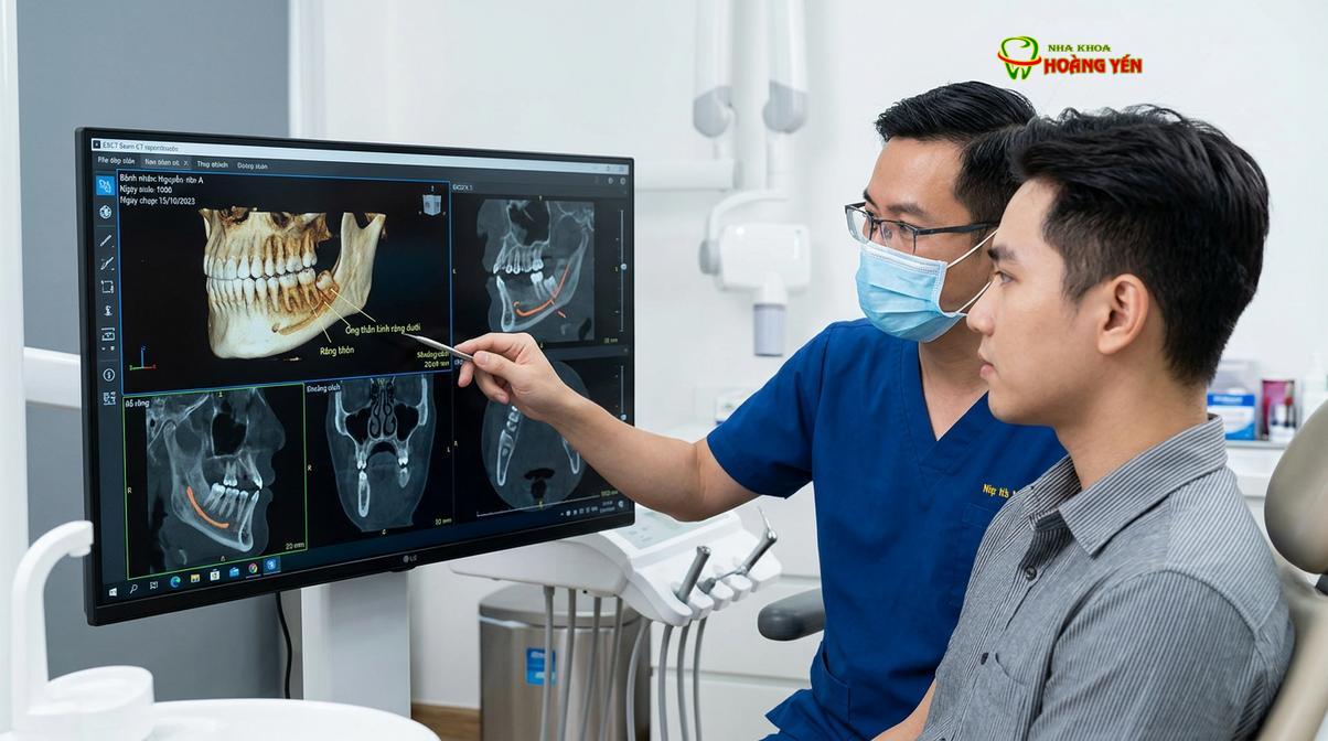 Phim chụp CT Cone Beam 3D giúp bác sĩ khảo sát vị trí chân răng khôn và khoảng cách đến dây thần kinh.