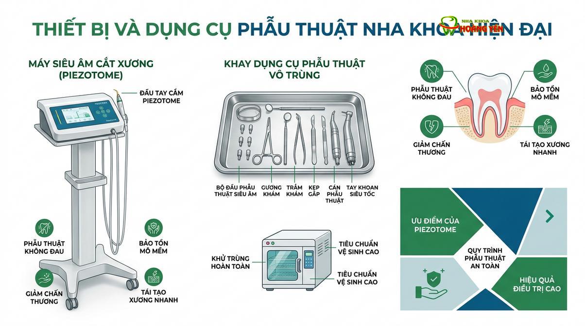 Hệ thống máy siêu âm Piezotome giúp quá trình bóc tách chân răng diễn ra nhẹ nhàng, ít sang chấn.