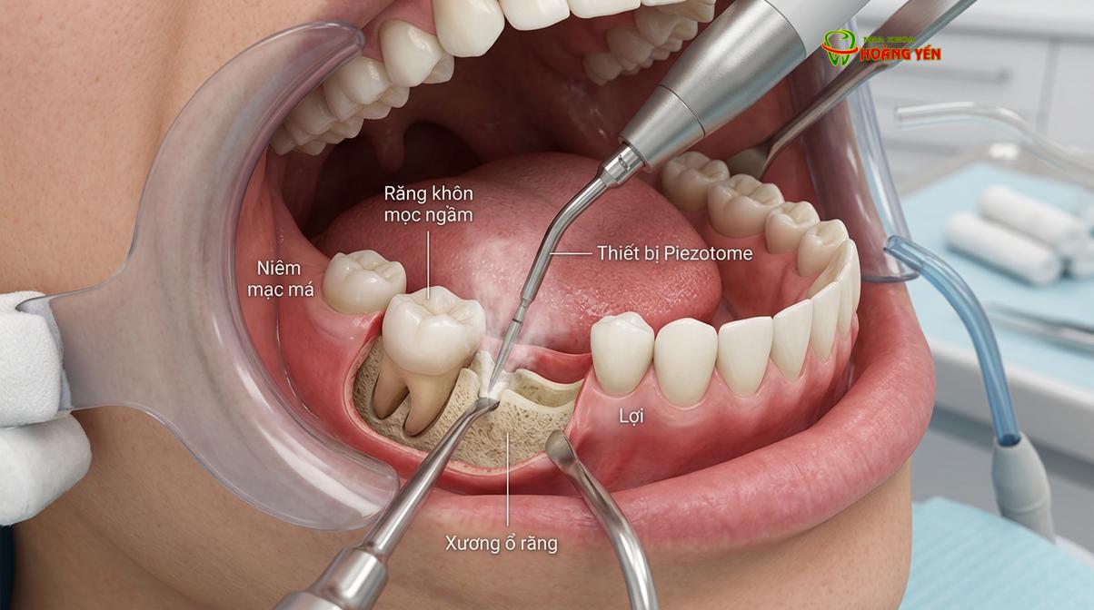Công nghệ nhổ răng bằng sóng siêu âm Piezotome giúp bảo tồn mô mềm và xương ổ răng.