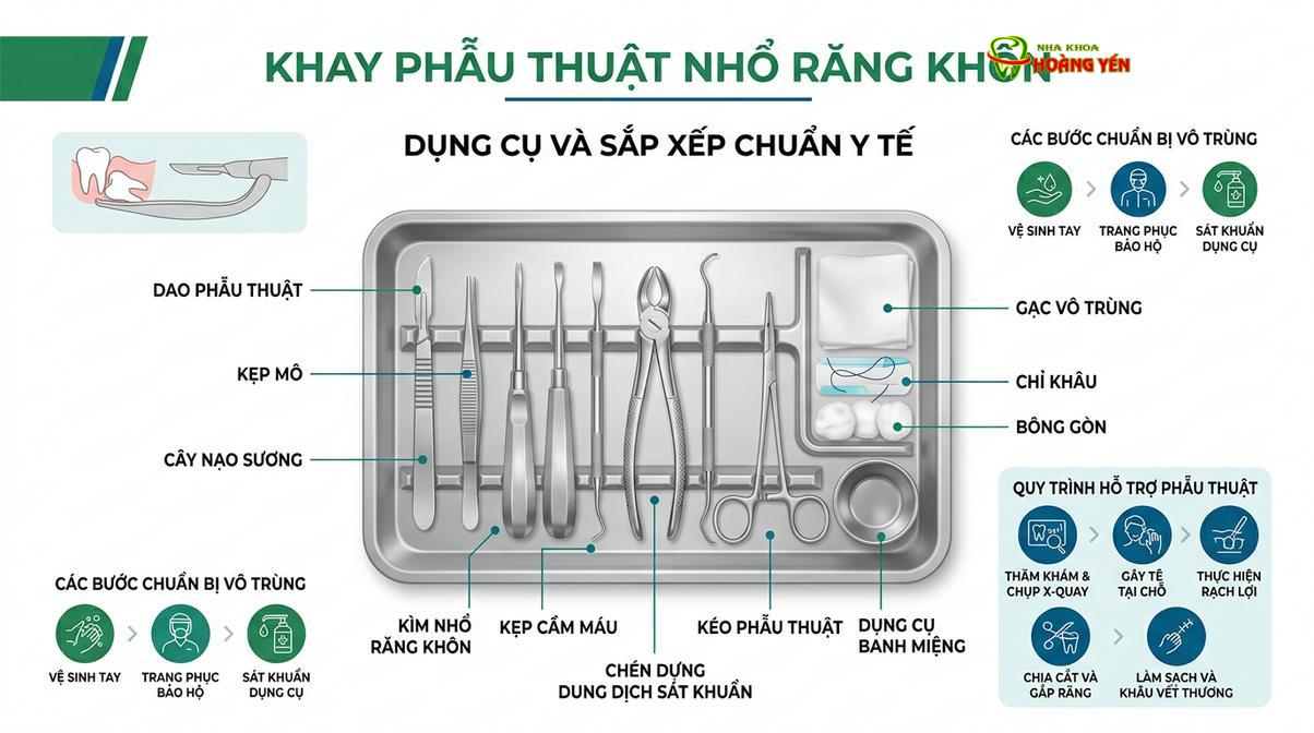 Bộ dụng cụ phẫu thuật vô trùng chuẩn bị cho quá trình can thiệp răng khôn.