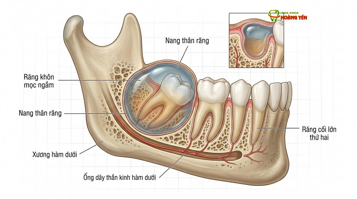 Mô phỏng y khoa về sự hình thành nang thân răng do răng khôn mọc ngầm trong xương hàm