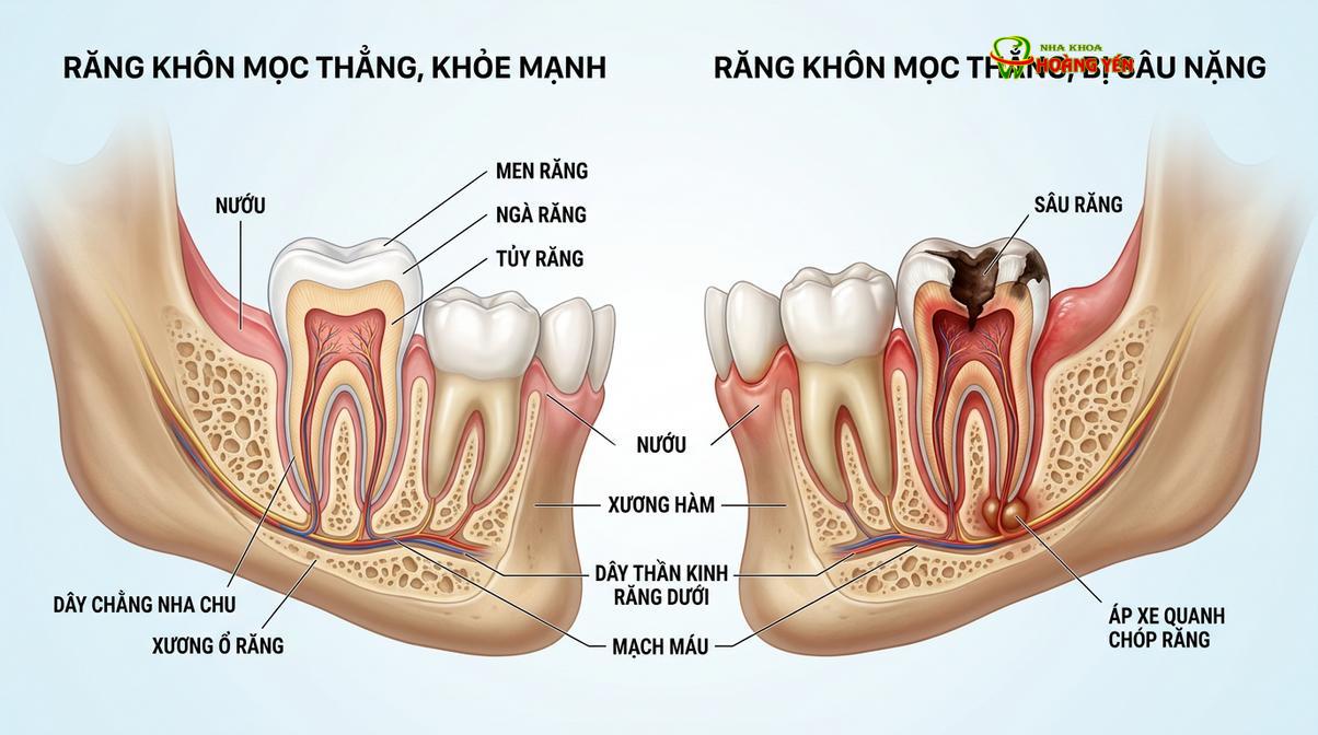 So sánh giữa răng khôn mọc thẳng khỏe mạnh và răng khôn mọc thẳng bị sâu hỏng
