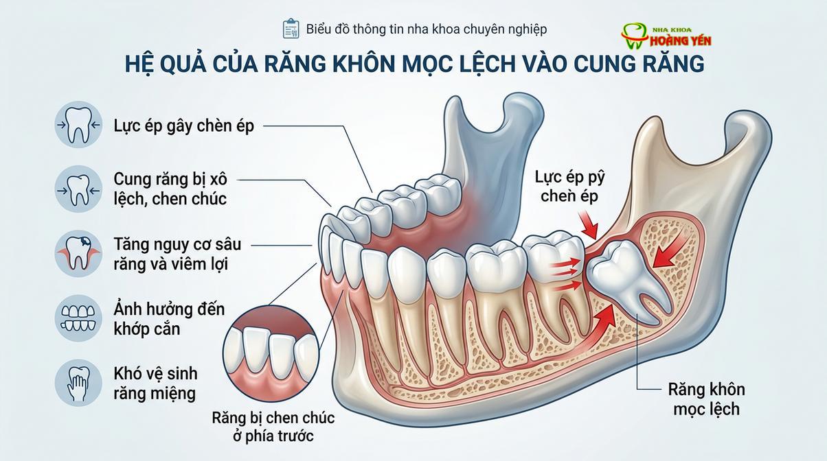 Răng khôn mọc lệch ngầm tạo áp lực xô đẩy toàn bộ cung hàm, phá vỡ kết quả chỉnh nha trước đó.