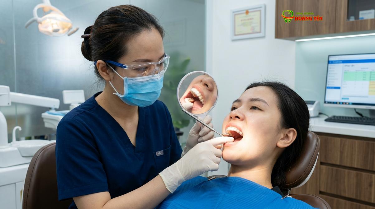 Bác sĩ kiểm tra độ khít sát của hàm duy trì để đánh giá mức độ dịch chuyển của răng.