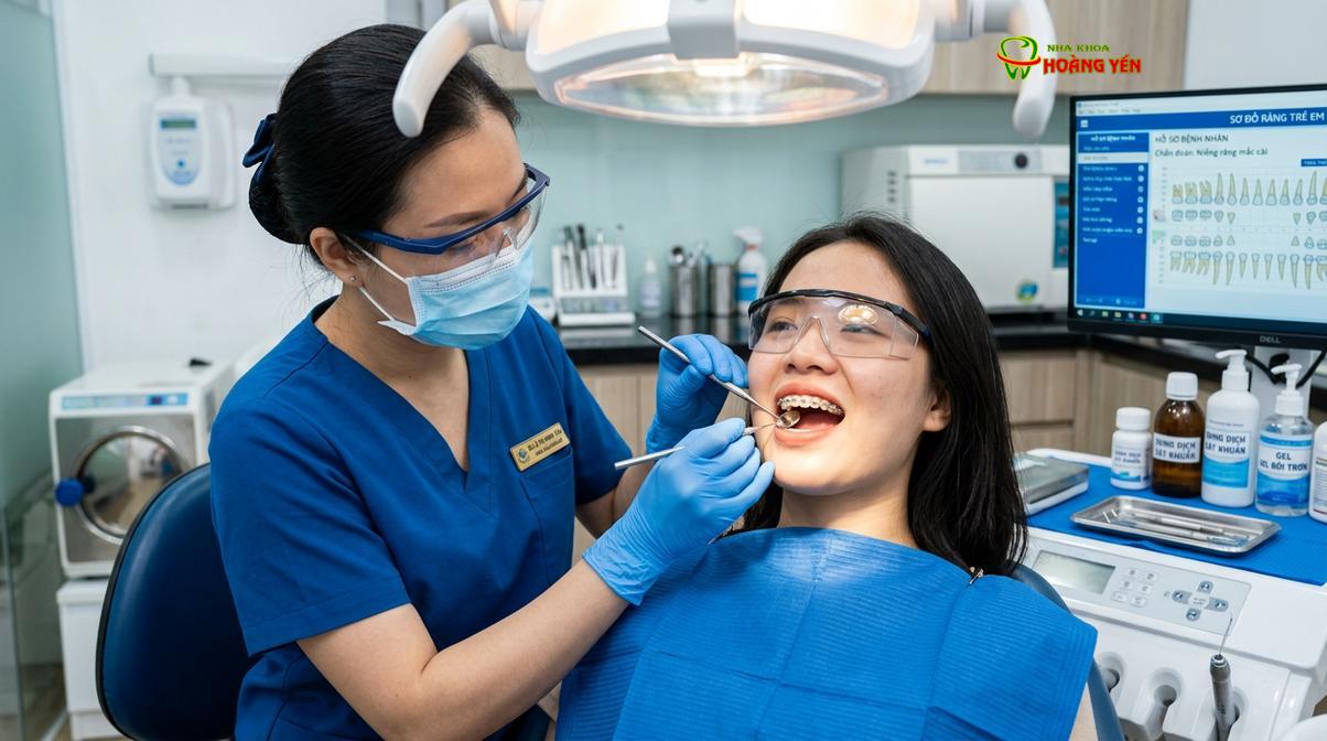 Bác sĩ thăm khám định kỳ giúp phát hiện sớm các tổn thương sâu răng ẩn dưới dây cung hoặc kẽ răng.