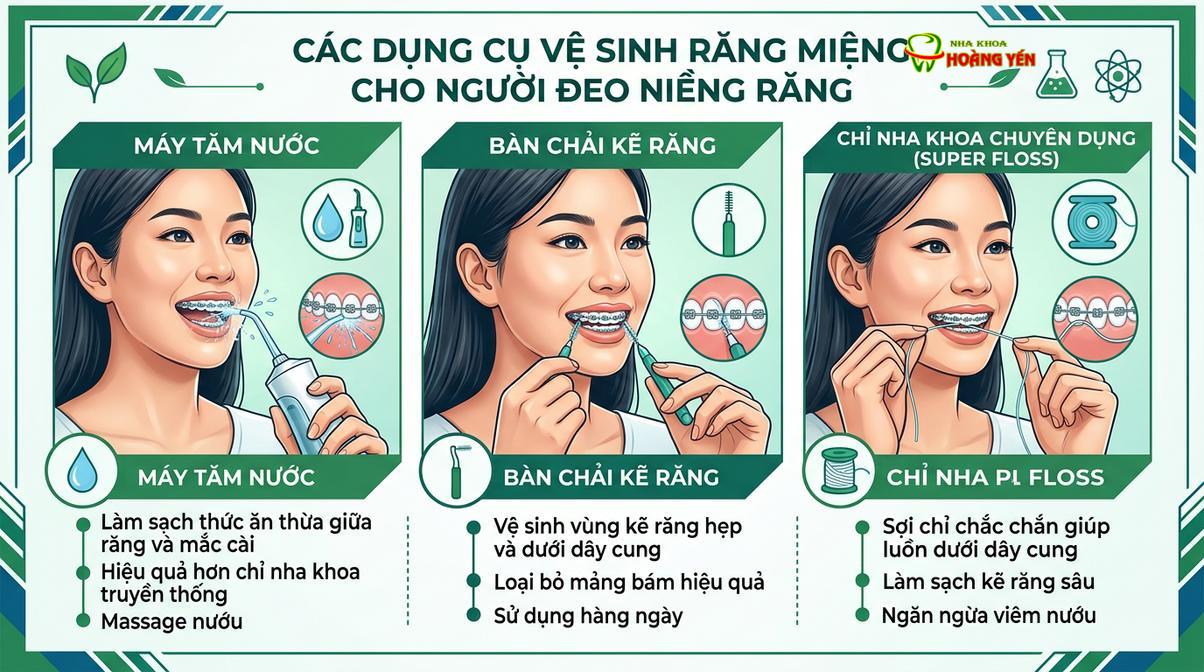 Sử dụng kết hợp các dụng cụ vệ sinh chuyên dụng là giải pháp tối ưu để bảo vệ răng miệng khi đeo mắc cài.
