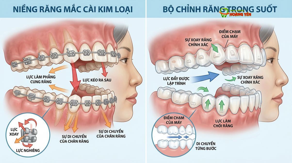Mô phỏng cơ chế tác động lực sinh cơ học của mắc cài truyền thống và khay niềng trong suốt lên thân răng.