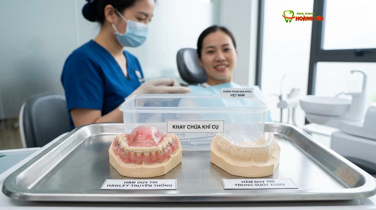 Sự khác biệt trực quan giữa hàm duy trì Hawley (trái) và khay trong suốt Essix (phải).