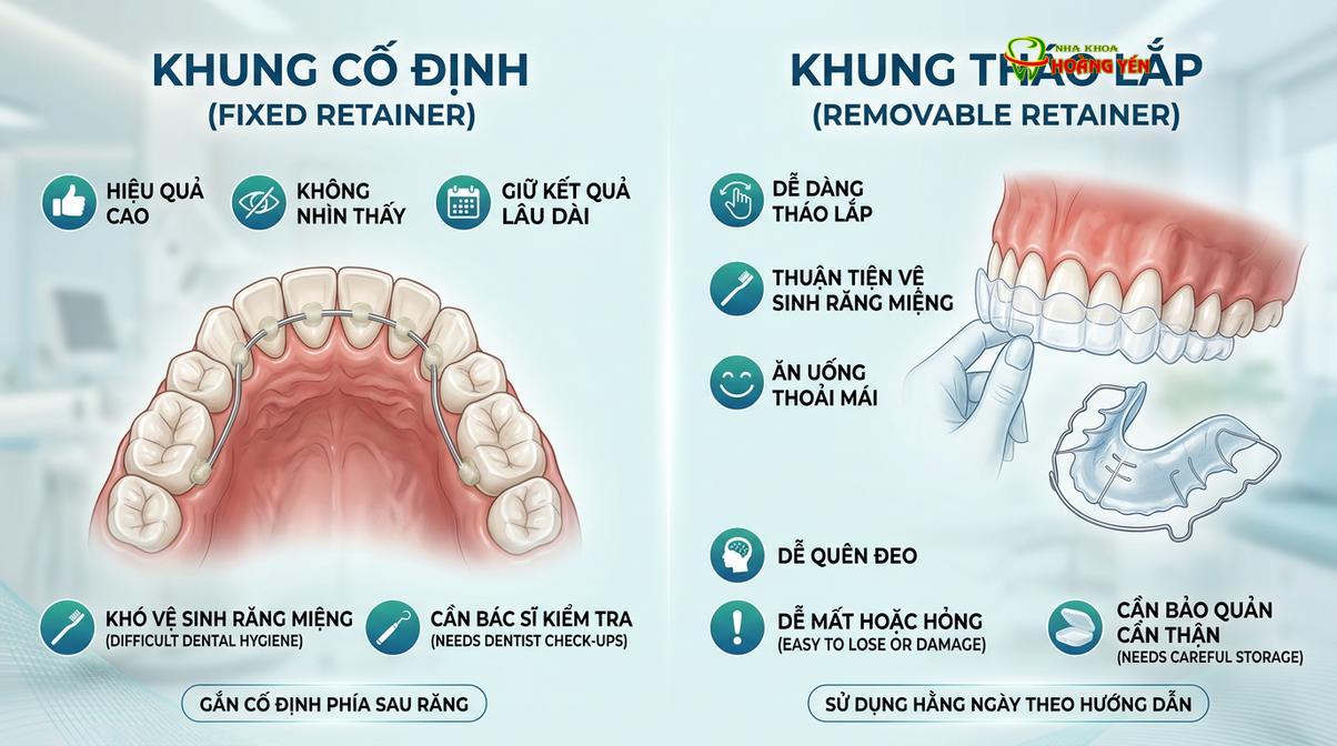 Bảng tóm tắt ưu nhược điểm giúp bệnh nhân dễ dàng lựa chọn loại hàm duy trì.