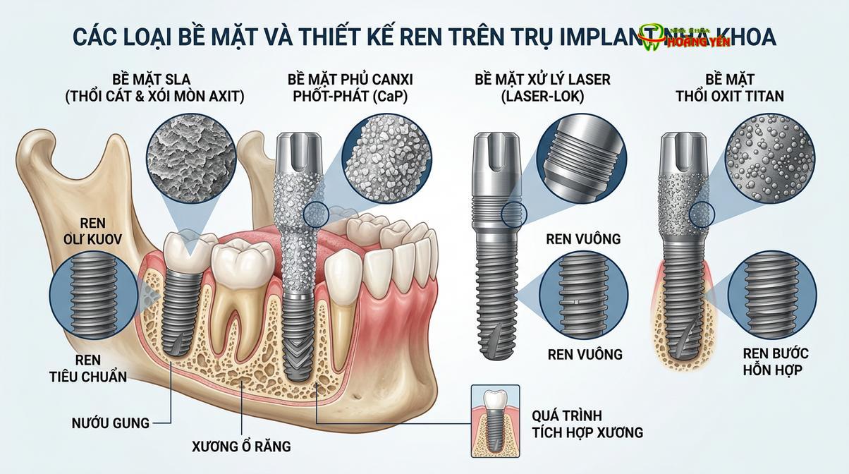 Cấu trúc vi thể bề mặt trụ implant quyết định tốc độ tích hợp xương hàm.