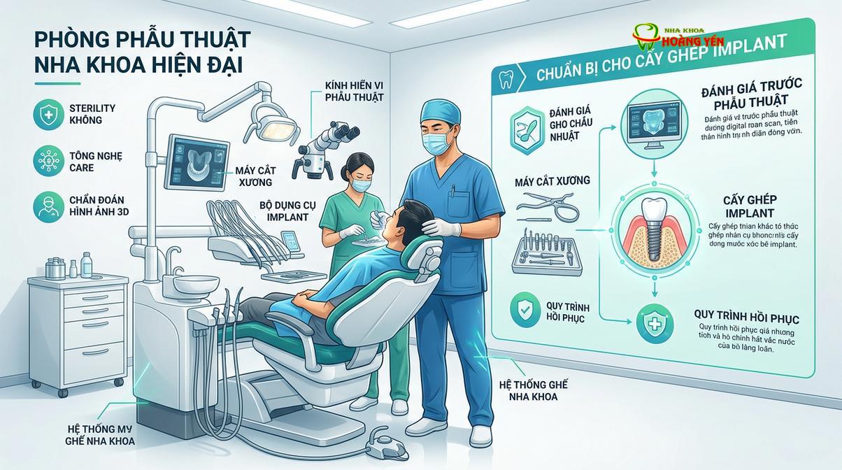 Quy trình phẫu thuật cấy ghép implant đòi hỏi môi trường vô trùng nghiêm ngặt.