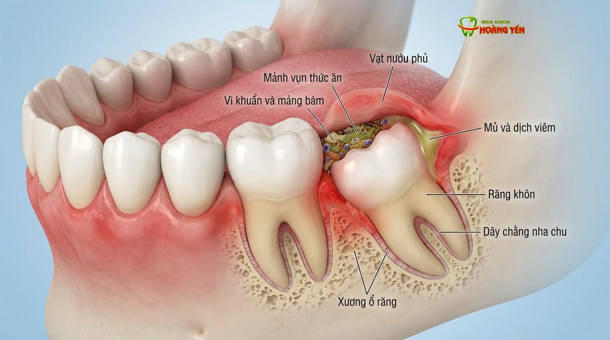 Mô phỏng y khoa về cơ chế hình thành ổ viêm nhiễm dưới vạt lợi trùm do thức ăn và vi khuẩn tích tụ.