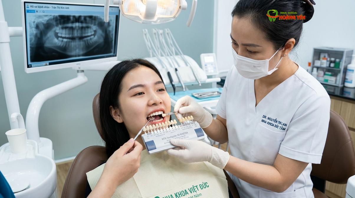 Bác sĩ kiểm tra và so màu răng để lên phác đồ tẩy trắng phù hợp sau khi tháo mắc cài.