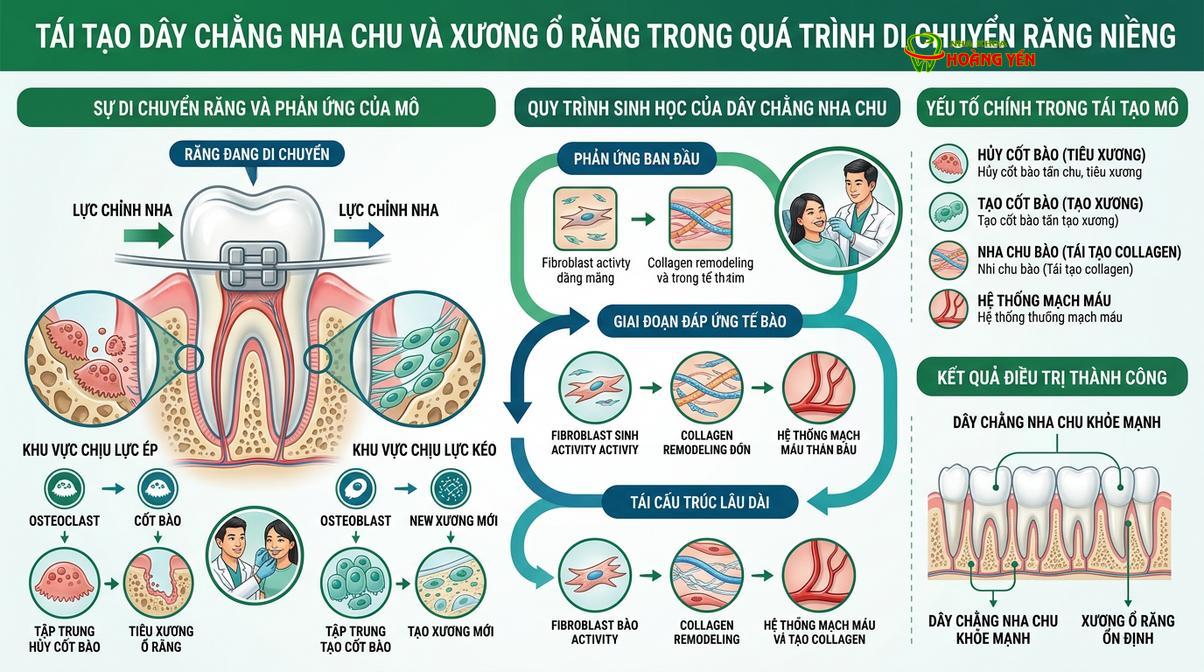Mô phỏng quá trình tái cấu trúc xương ổ răng và dây chằng nha chu sau khi răng dịch chuyển.