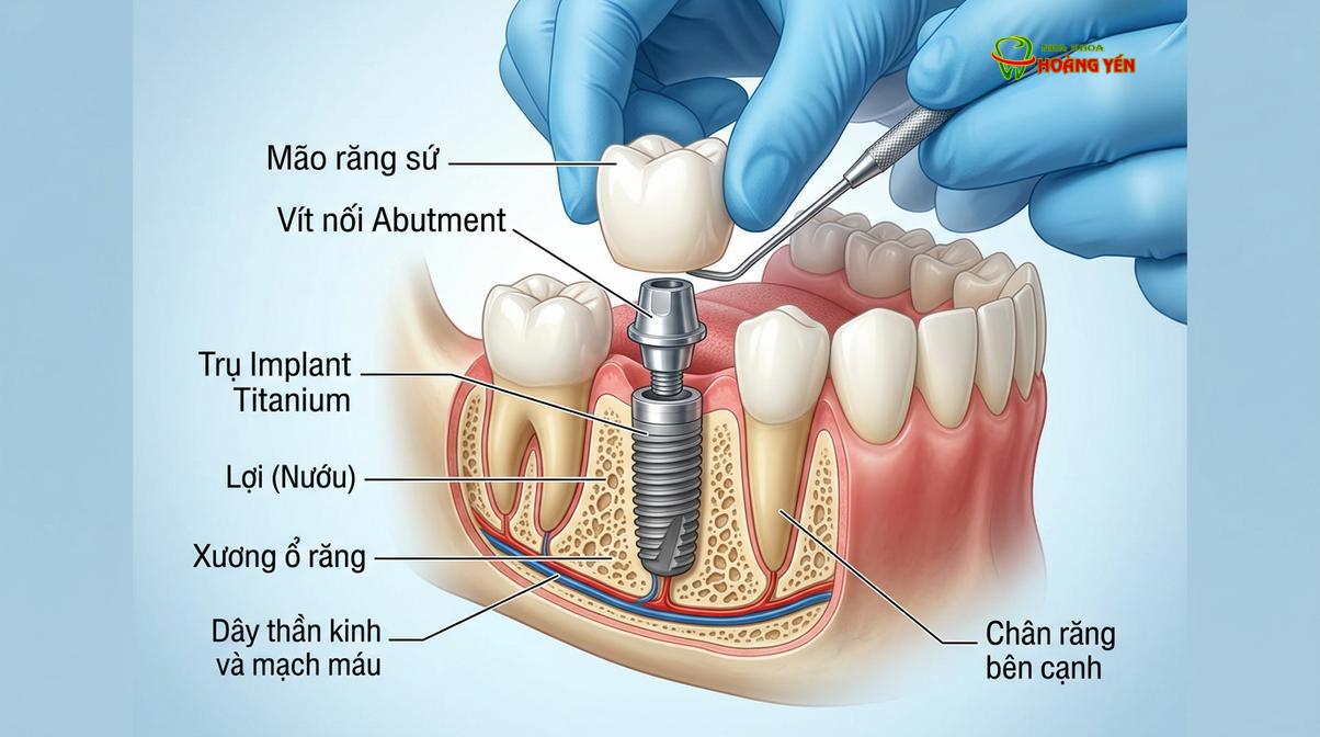 Cấu trúc 3 phần của một răng implant: Trụ Titanium, khớp nối Abutment và mão răng sứ.