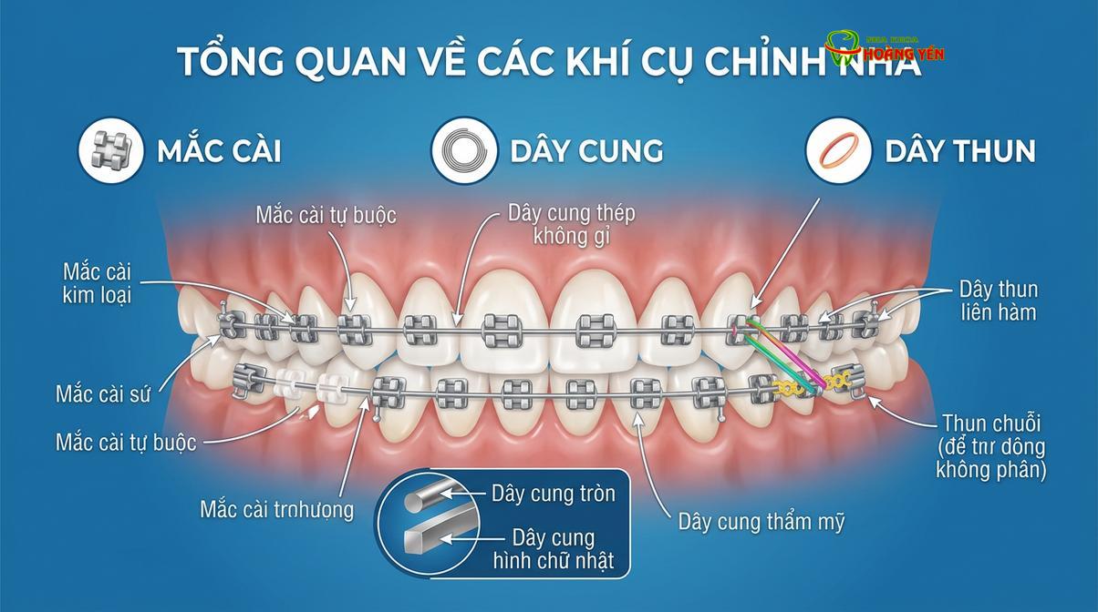 Cấu tạo chi tiết của hệ thống mắc cài kim loại truyền thống.