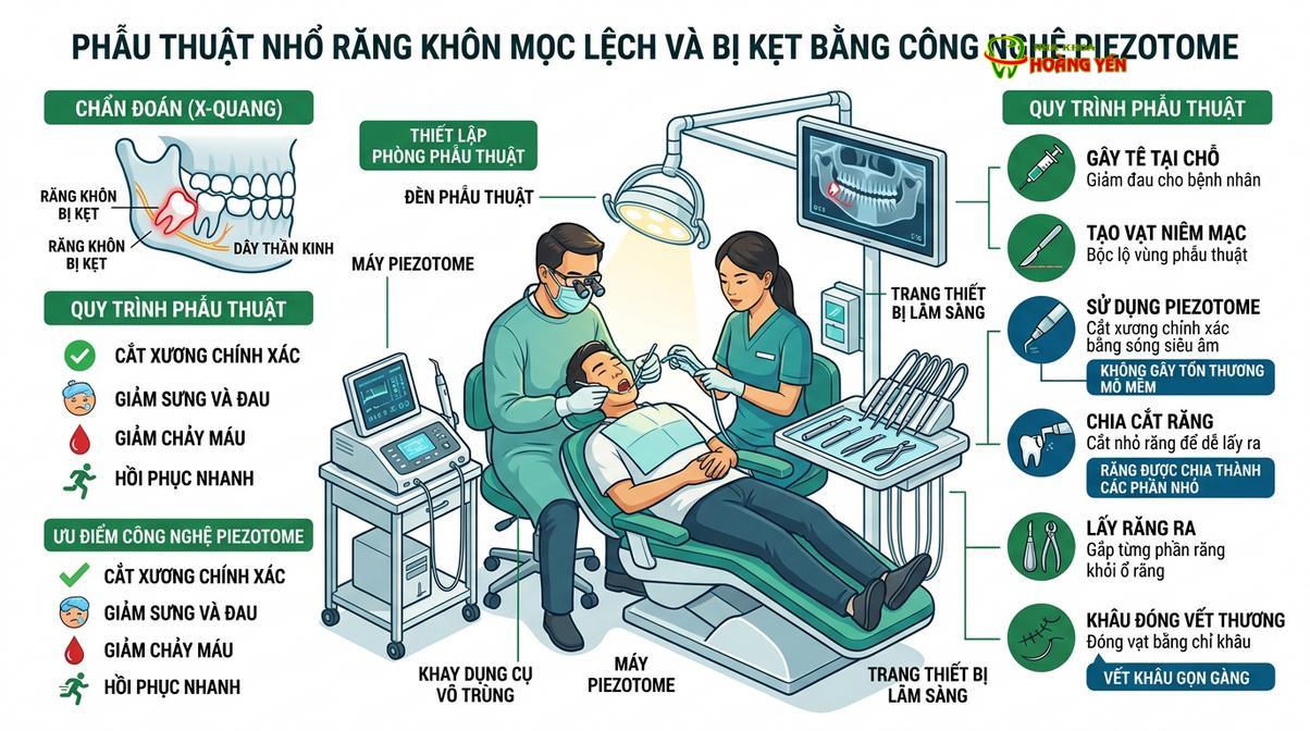 Nhổ răng khôn bằng máy siêu âm Piezotome giúp hạn chế sang chấn tối đa.