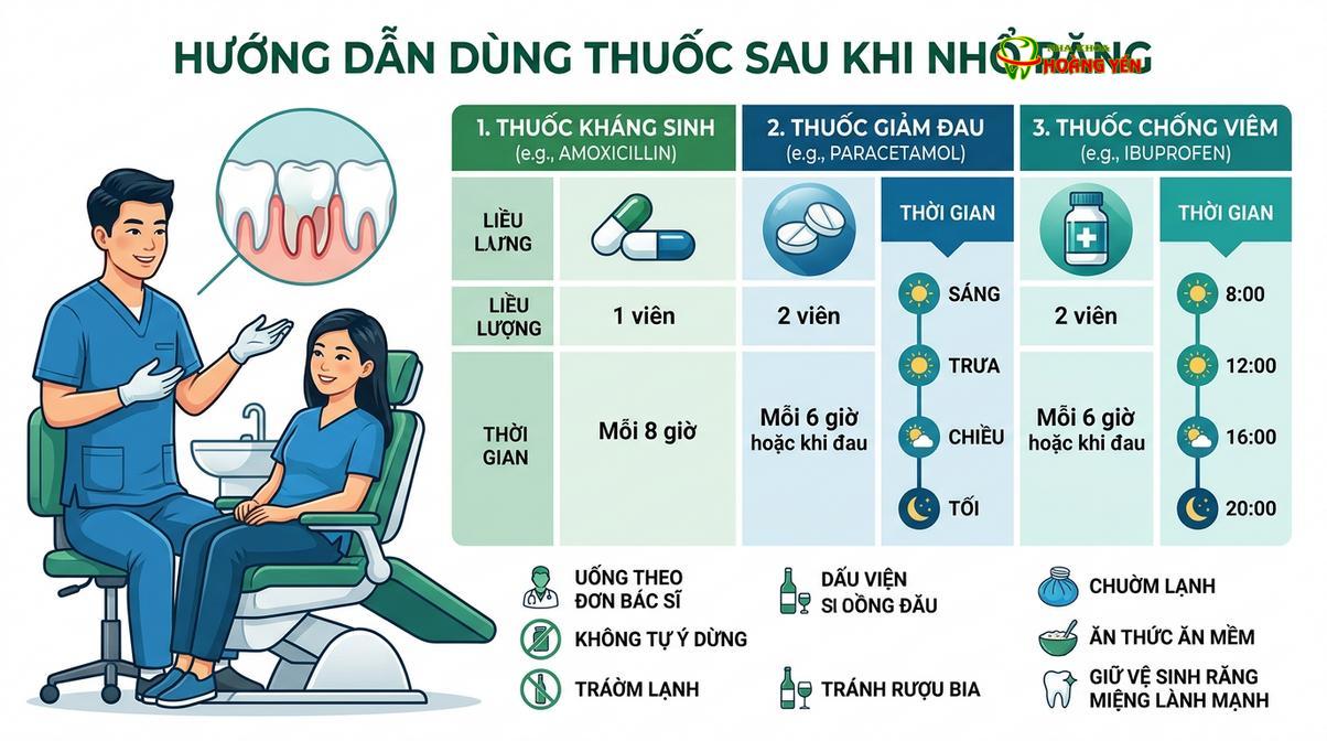 Sơ đồ minh họa thời gian và liều lượng sử dụng các nhóm thuốc cơ bản sau phẫu thuật răng miệng.