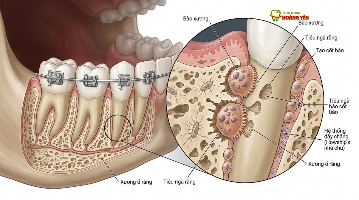 Mô phỏng quá trình tiêu ngót chân răng dưới tác động của lực chỉnh nha.