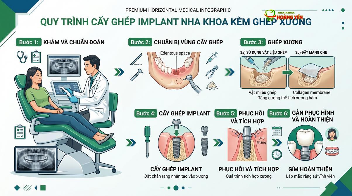 Quy trình cấy ghép Implant kết hợp ghép xương giúp phục hồi cấu trúc hàm.