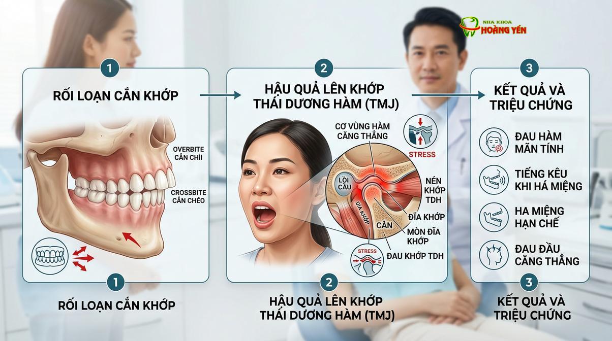 Sai lệch khớp cắn tạo áp lực lớn lên khớp thái dương hàm, lâu ngày dẫn đến rối loạn chức năng.